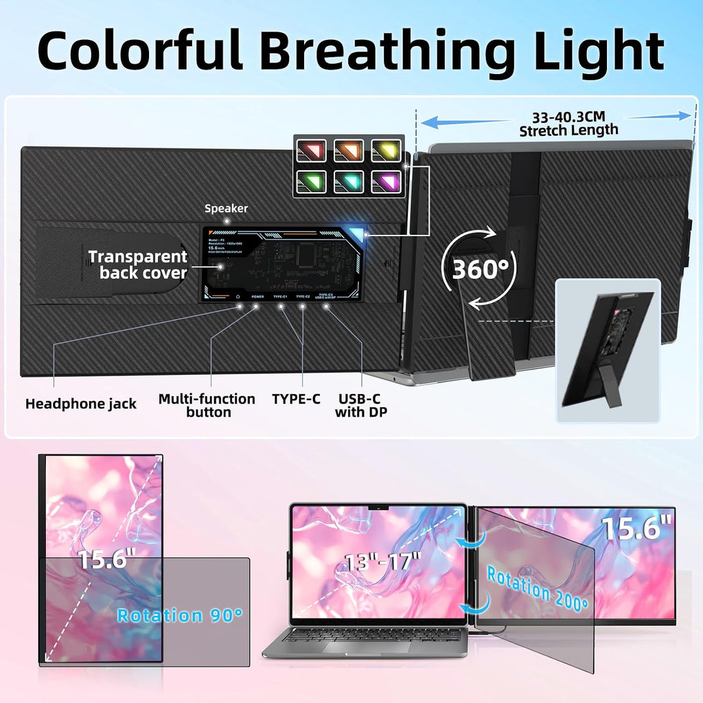 Laptop Screen Extender Dual Monitor - 15.6' Portable Monitor Detachable IPS 1080P FHD 85% NTSC Travel Screen USB-C HDMI Port Compatible with Wins Mac Chrome Dex Fits 13-17' Laptops