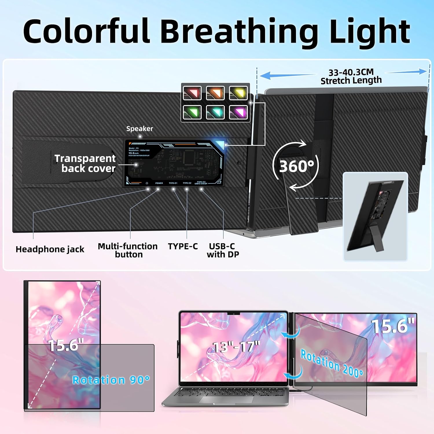 Laptop Screen Extender Dual Monitor - 15.6' Portable Monitor Detachable IPS 1080P FHD 85% NTSC Travel Screen USB-C HDMI Port Compatible with Wins Mac Chrome Dex Fits 13-17' Laptops