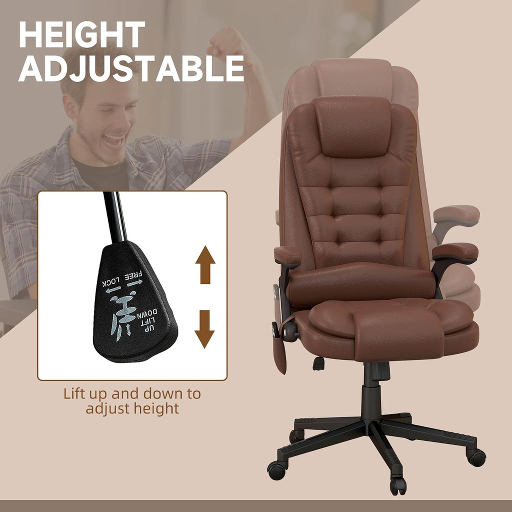 HOMCOM High Back Vibration Massage Office Chair with 6 Vibration Points, Heated Reclining PU Leather Computer Chair with Armrest and Remote, Brown