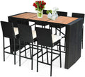 Tangkula 7 PCS Outdoor Wicker Furniture with Acacia Wood Bar Table Top and Removable Cushion, Conversation Set for Dining, Patios, Backyards, Porches, Gardens and Poolside (Black)