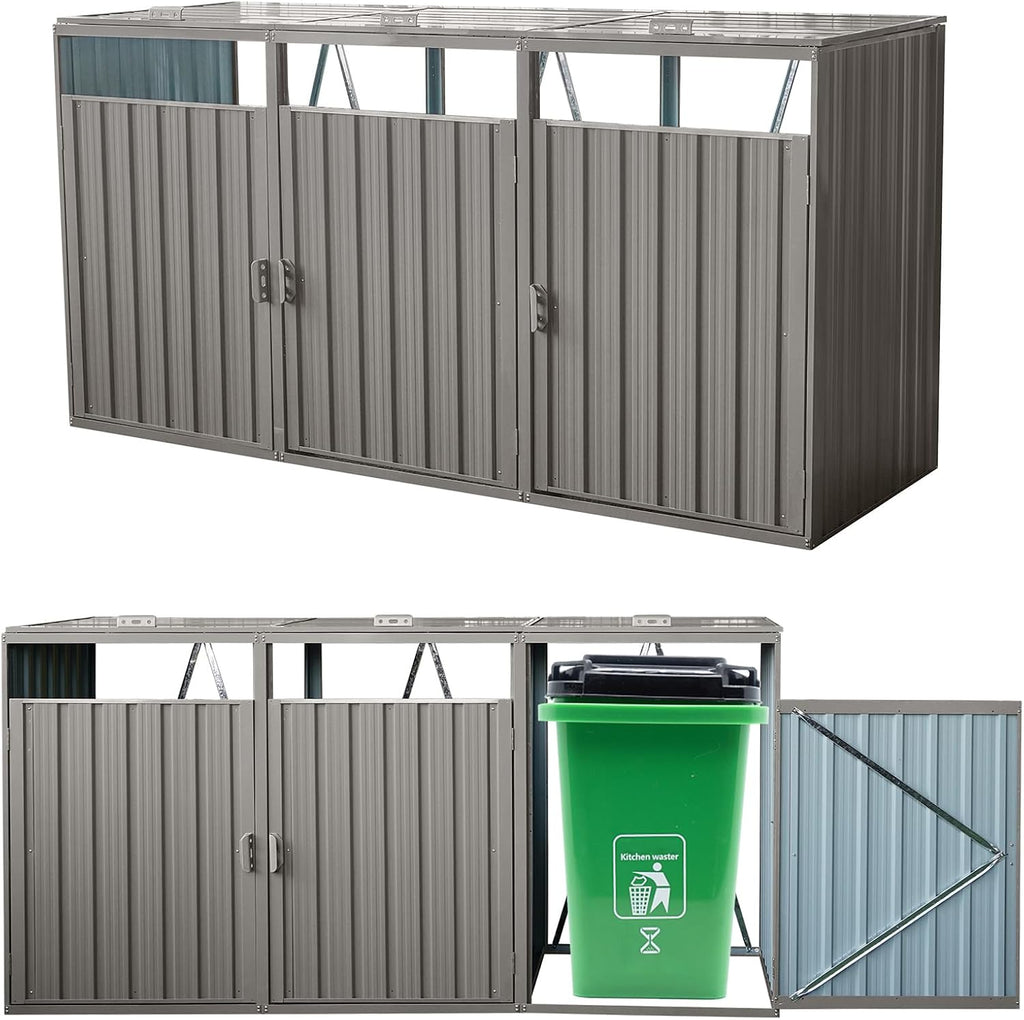 Outdoor Trash Can Storage, Garbage Bin Shed Stores, Trash Can Storage Cabinet Outside, Metal Outdoor Storage Shed for Garbage Cans, Garden Accessories, Backyard, and Patio Use, Lockable, Light Grey