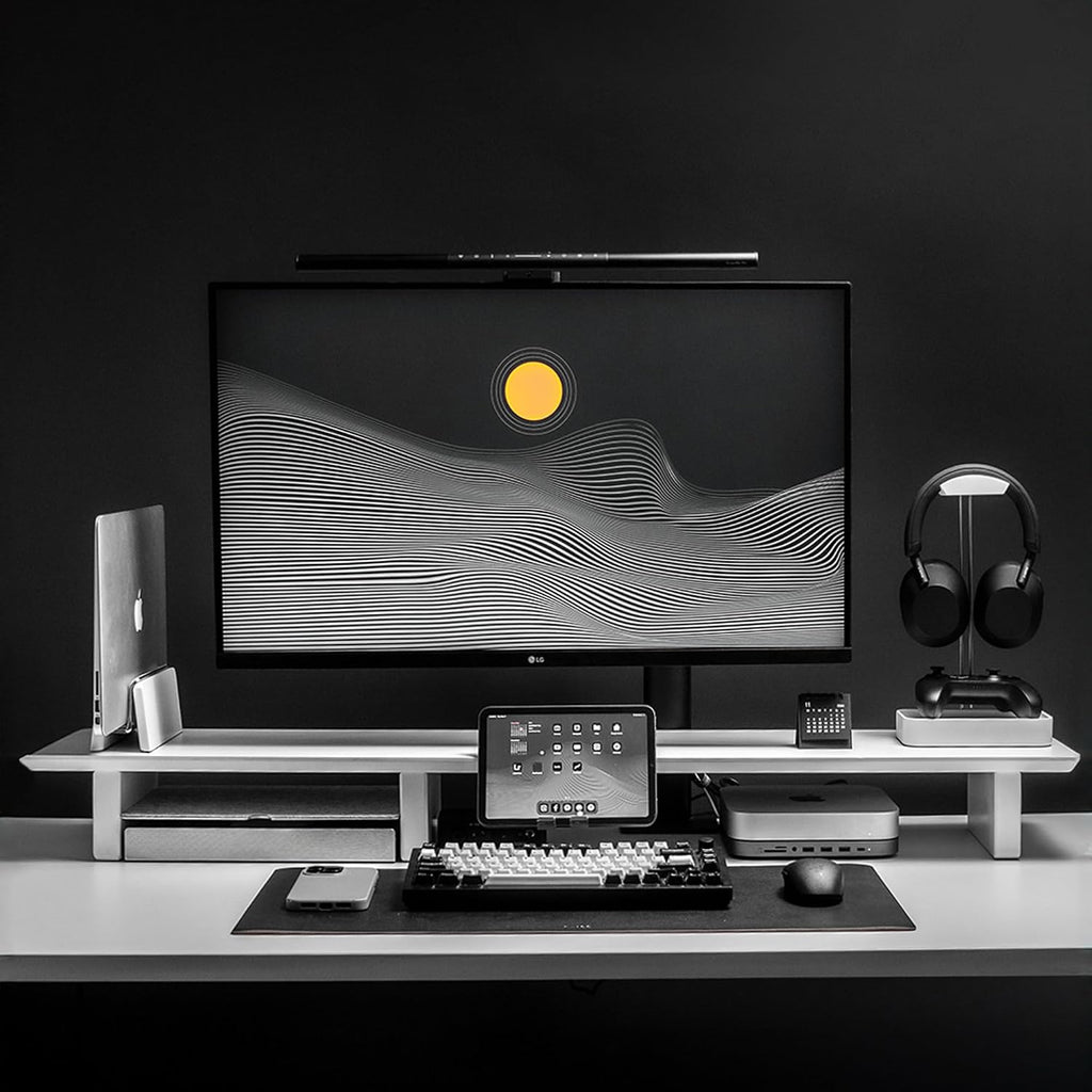 Raico Desk Cockpit Shelf Monitor Stand System Dual Screen Setup Wood Large Desk Accessory Organizer Unit (Matte White, Full Length v2 | 45.7 Inches)
