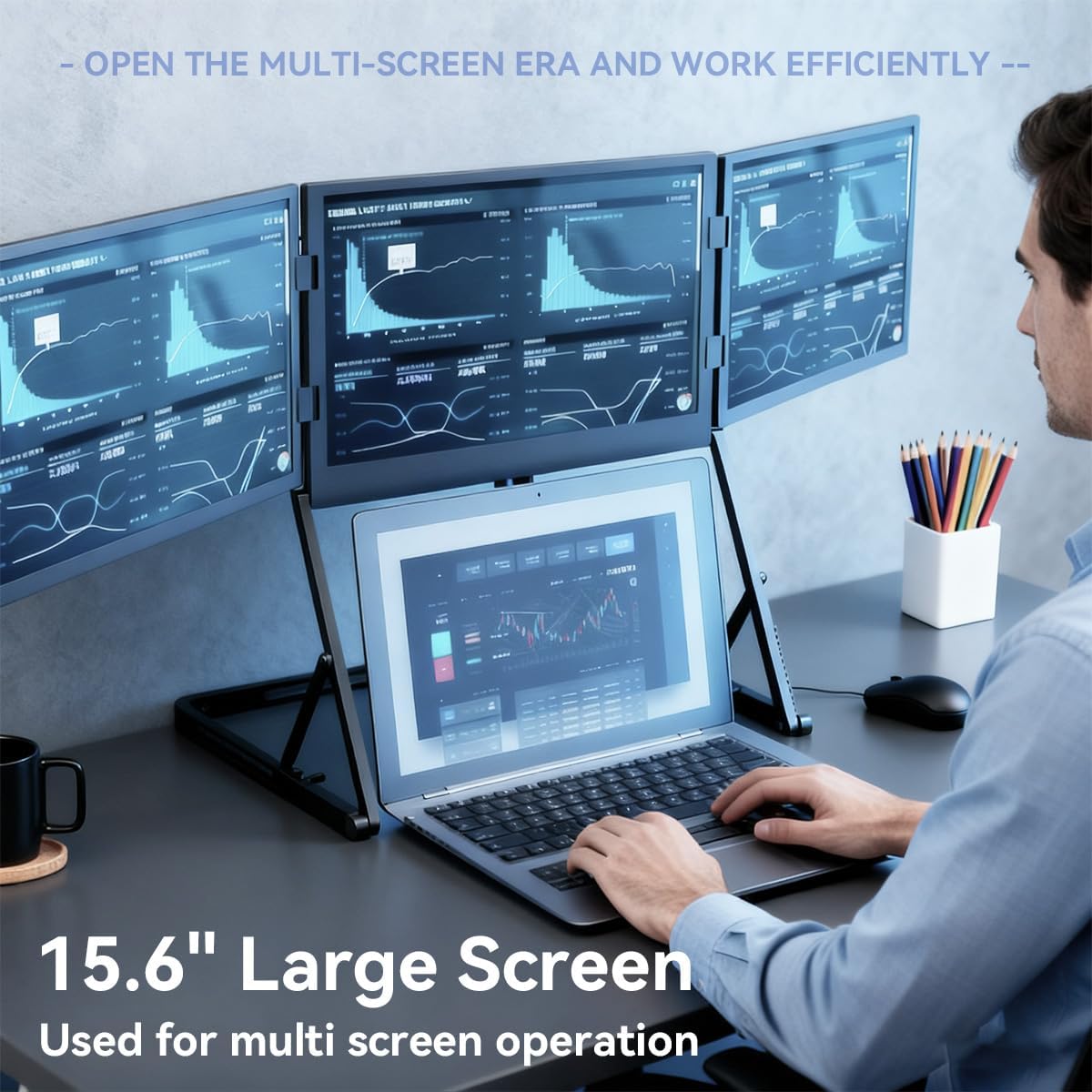 15.6'Laptop Tri-Fold Monitor, 1080p Fhd Portable Laptop Screen Extender, Type-C/HDMI/USB-C Plug-Play Extended Screen with 360° Rotation Acjustable Viewing Angles, Compatible with Windows and Macos