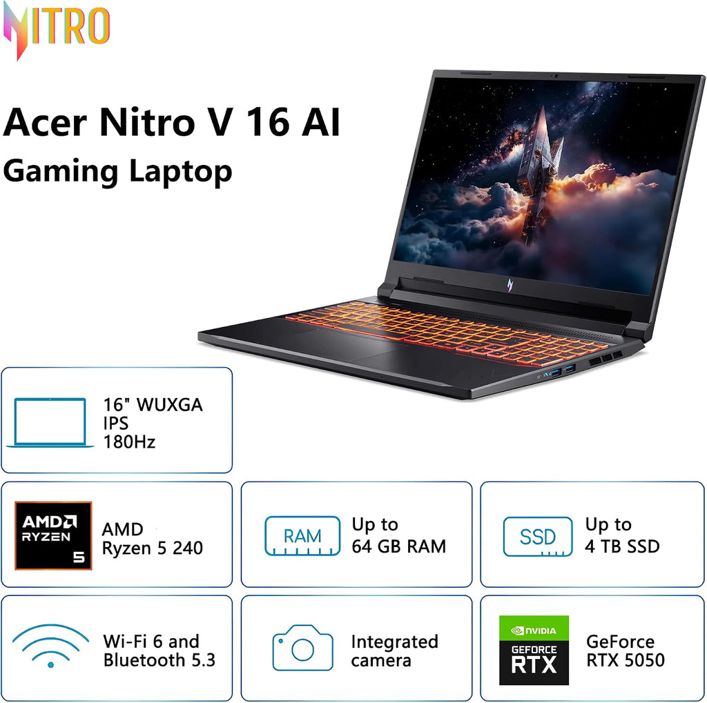 acer Nitro V 16 AI Gaming Laptop | 16' WUXGA IPS 180Hz | AMD 6-Core Ryzen 5 240 | 32GB DDR5 1TB SSD | GeForce RTX 5050 8GB DLSS4 (Up to 440 AI Tops) | Backlit Keyboard Win11 Pro w/DLCA Accessory