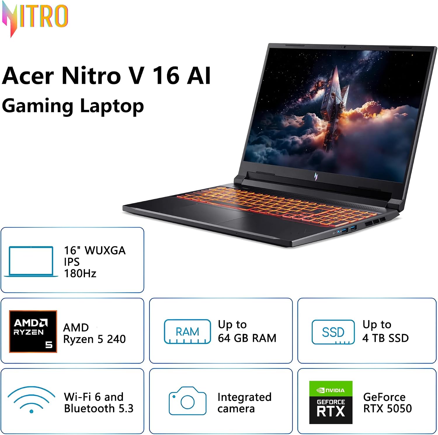 acer Nitro V 16 AI Gaming Laptop | 16' WUXGA IPS 180Hz | AMD 6-Core Ryzen 5 240 | 32GB DDR5 1TB SSD | GeForce RTX 5050 8GB DLSS4 (Up to 440 AI Tops) | Backlit Keyboard Win11 Pro w/DLCA Accessory