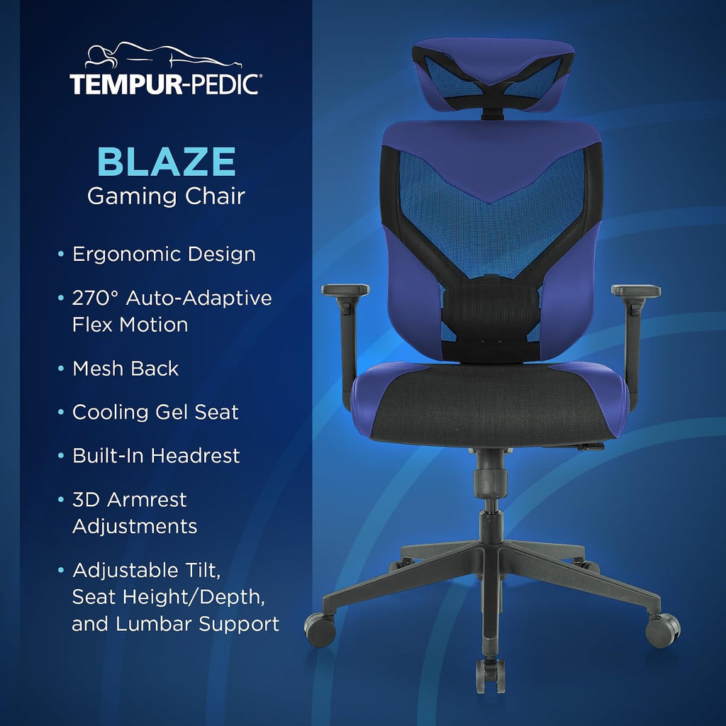 Tempur-Pedic Blaze Auto-Adaptive Ergonomic Gaming Chair with Lumbar Support and 3D Armrest Adjustment, Cooling Racing Style Gaming Chair, Blue