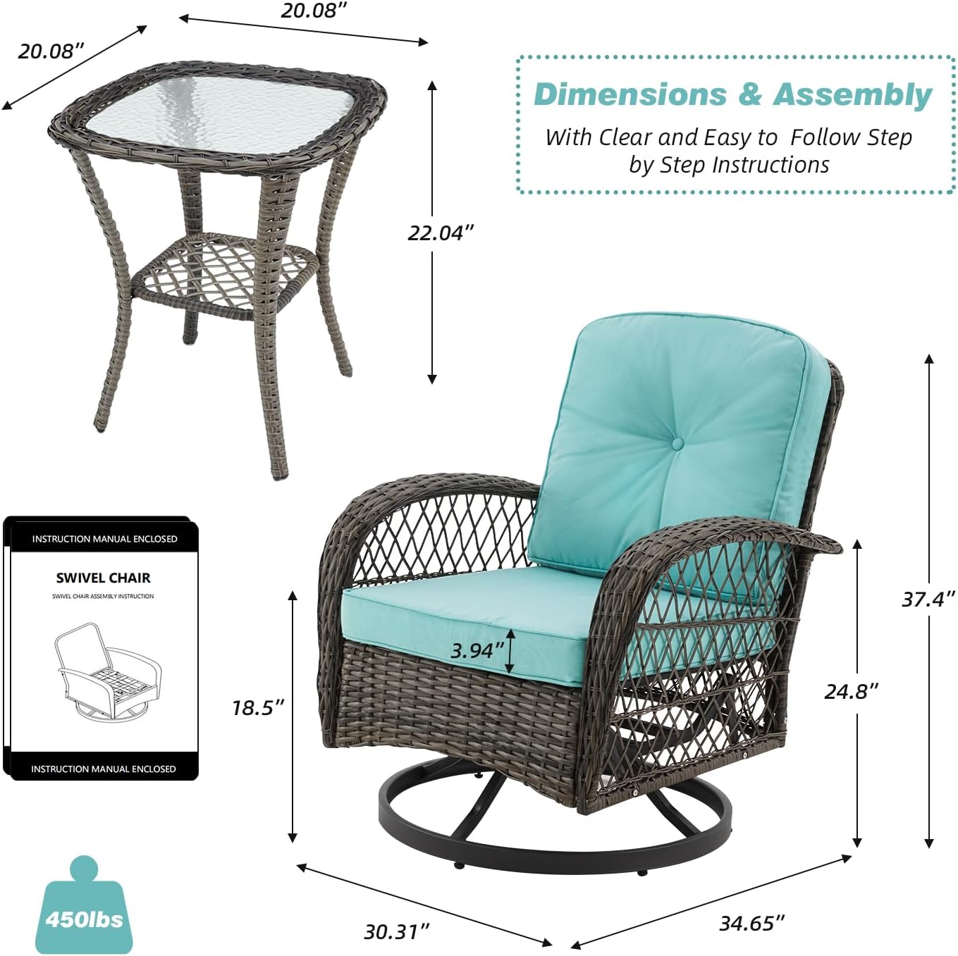 MELLCOM 3 Pieces Patio Furniture Set, Outdoor Swivel Rocker Patio Chairs, Wicker Patio Bistro Set with Rocking Chair, Thickened Cushions and Glass Coffee Table for Backyard, Garden, Peacock Blue