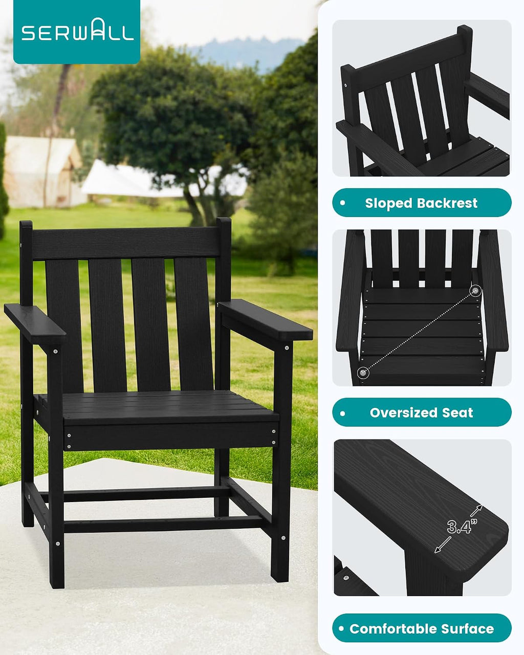 SEWRWALL Patio Furniture Set, HDPE Material All Weather Use Adirondack Chair Set with Side Table for Balcony, Porch, Garden, Backyard- Black
