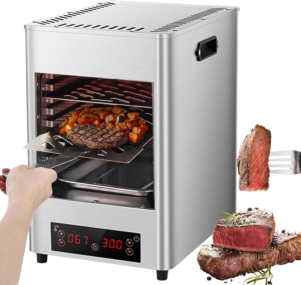 Commercial Indoor Steak Grill/Electric Steak Broiler - 30 Min Time/8 Gears Temperature Adjustable(100-800℃),8-Layer Portable Countertop Oven for Beef Chicken Vegetables,1700w,Metallic
