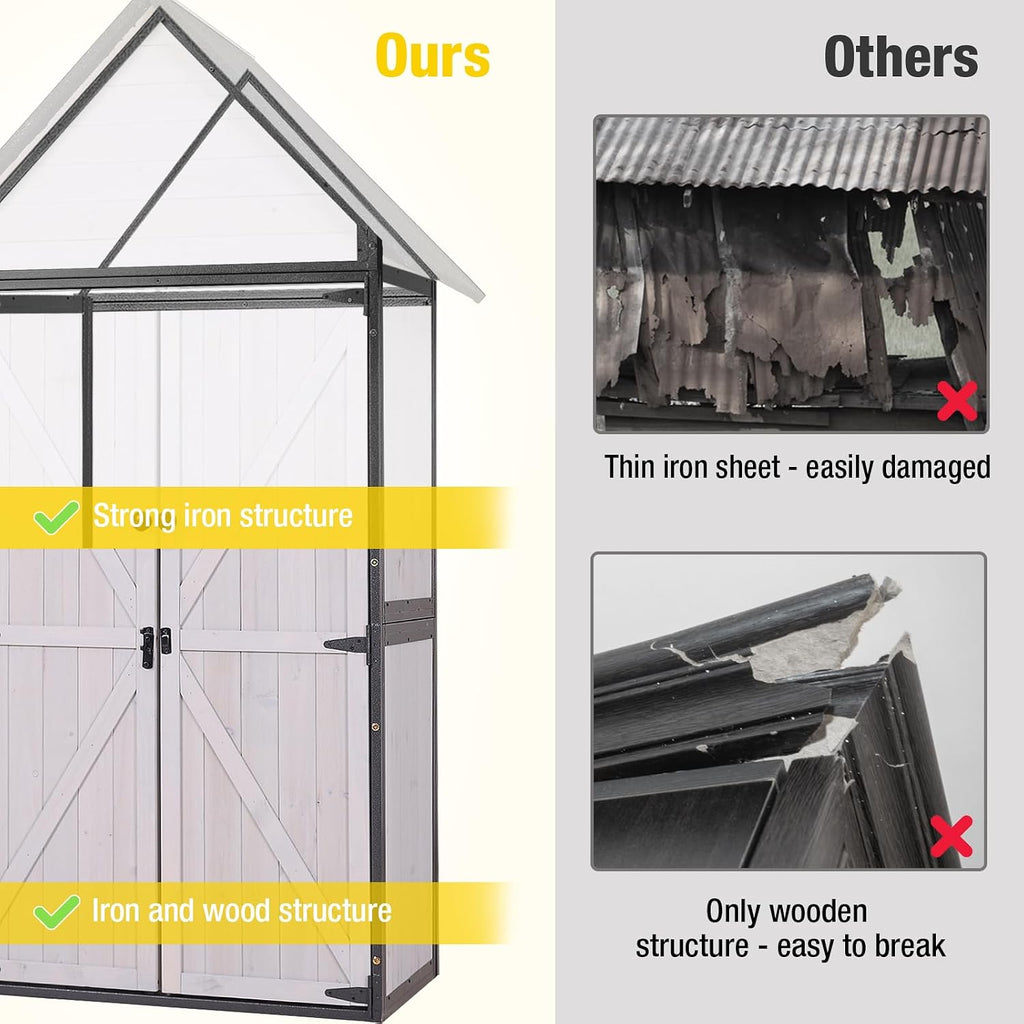 Outdoor Storage Shed,Vertical Wooden Tool Shed with Waterproof Roof,Adjustable 3 Tiers Shelves,Storage Tool Cabinet Box with Metal Frame Sloped Roof for Backyard Garden Patio Lawn (Off White)