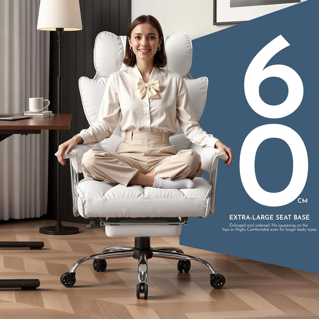 Efomao Big and Tall Office Chair 400lbs, Executive PU Leather Desk Chair with Footrest & Lumbar Support, Heavy Duty Computer Seating for Home, White