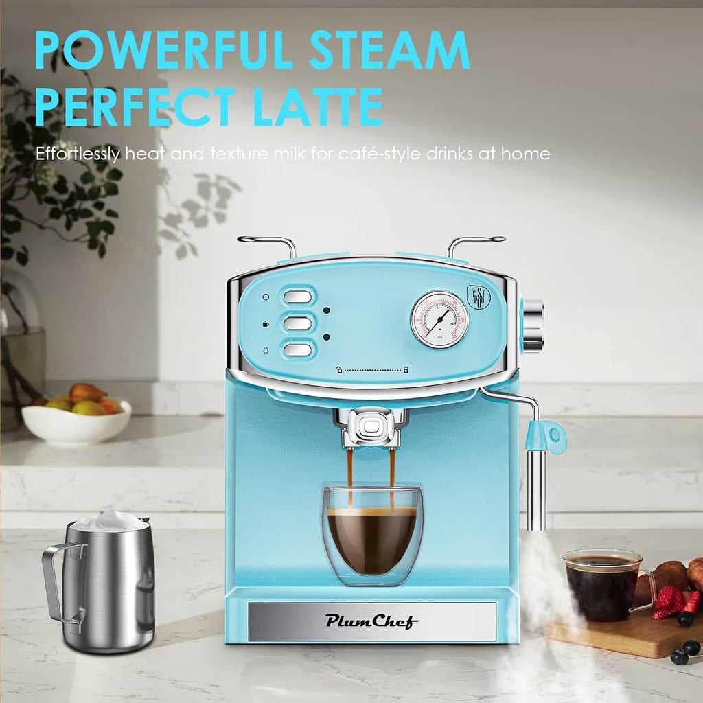 Plum chef 20 Bar Espresso Machine for home- Professional Compact Espresso Maker with Milk Frother Steam Wand, Pressure Gauge & 54oz Large Water Tank, Low Noise Fast Brewing for Cappuccino, Latte