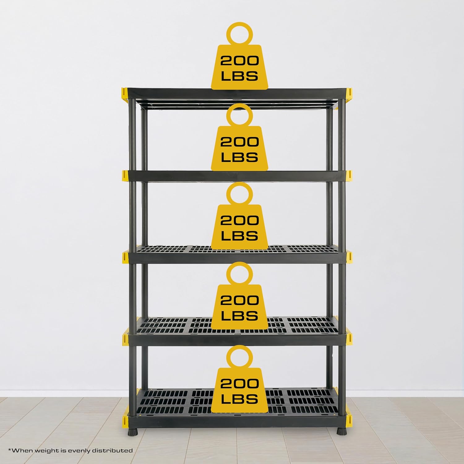 CX Black & Yellow, 5-Tier Heavy Duty Plastic Storage Shelves that Support up to 200lbs/shelf, Organization and Storage, Weather-Resistant Design, Easy Assembly (72'H x 48'W x 20'D)