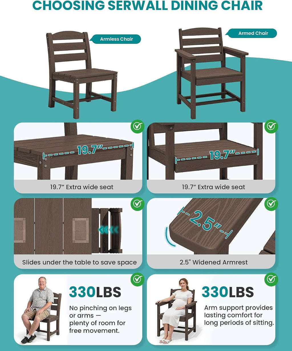 SERWALL Patio Dining Sets for 8, Outdoor Dining Sets for 8 Person with 2 Umbrella Hole Cut-Out Rectangular Tables and 8 Chairs, HDPE Dining Sets for Garden, Backyard, Poolside, Coffee