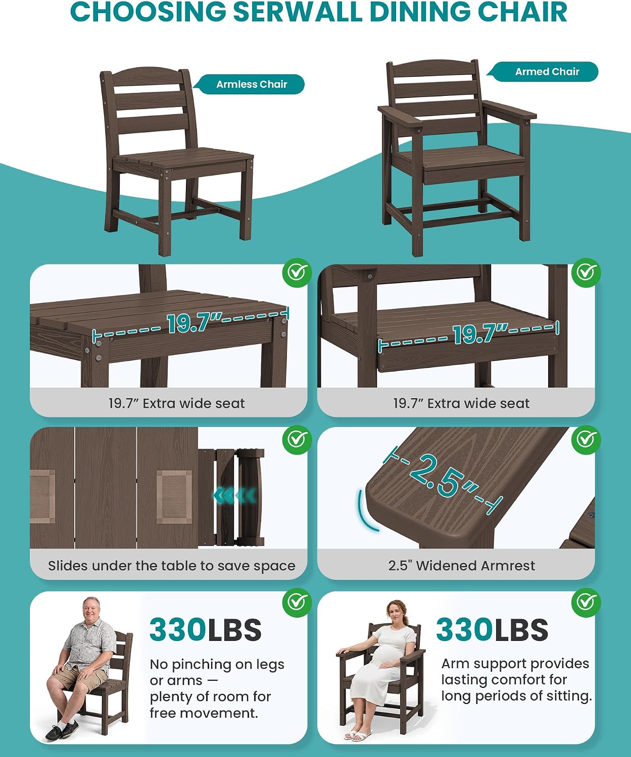 SERWALL Patio Dining Sets for 8, Outdoor Dining Sets for 8 Person with 2 Umbrella Hole Cut-Out Rectangular Tables and 8 Chairs, HDPE Dining Sets for Garden, Backyard, Poolside, Coffee