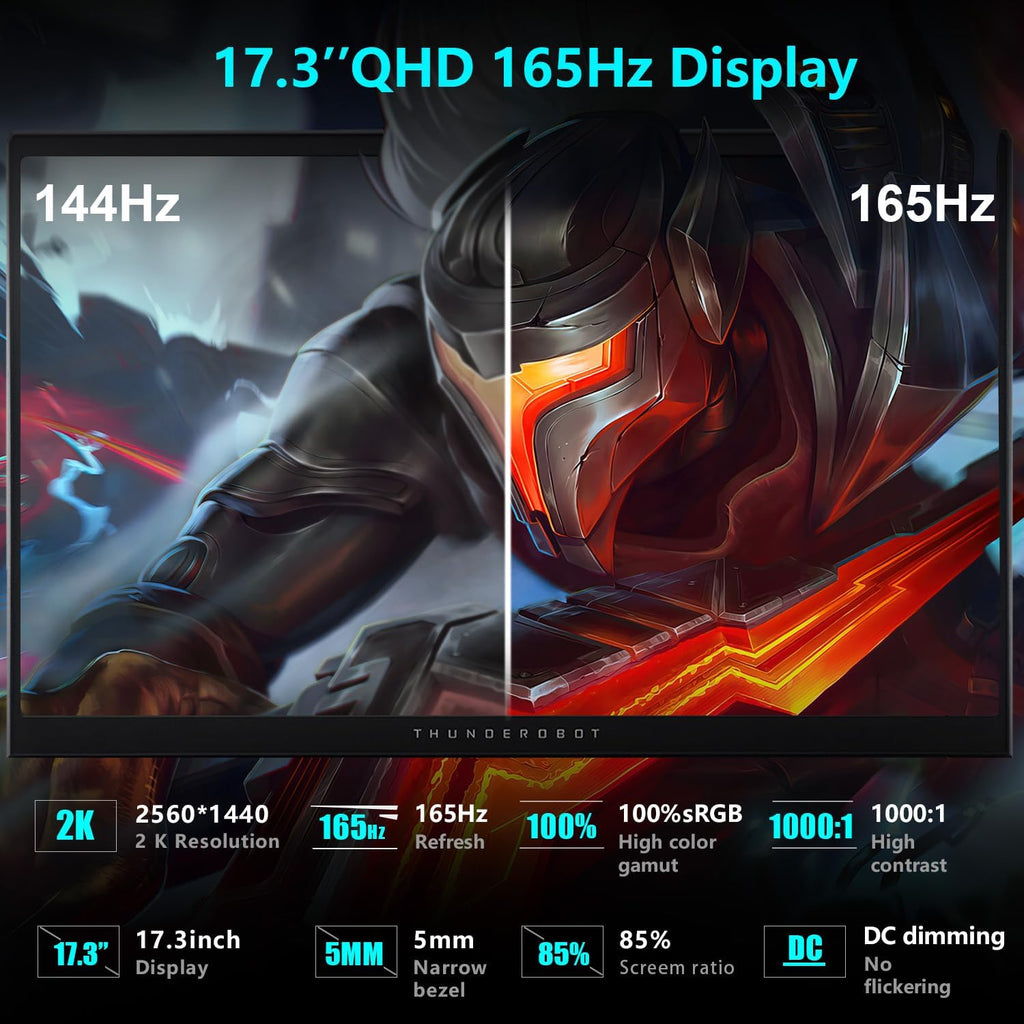 Thunderobot Storm 17 5070 Gaming Laptop, 17.3' QHD 165Hz 2K Display, Core i7-13620H, GeForce RTX 5070, 32GB DDR5 RAM, 1TB SSD, RGB Backlit Keyboard, HDMI, Wi-Fi 6, Win11 Home