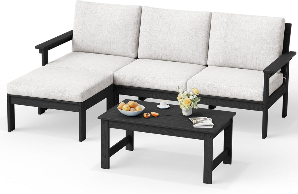 SERWALL Outdoor Sectional Sofa Set, 5-piece Outdoor Modula Couch Set with Ottoman, All Weather Patio Furniture Set with Chaise for Deck, Lawn, Black Frame with Khaki Cushion