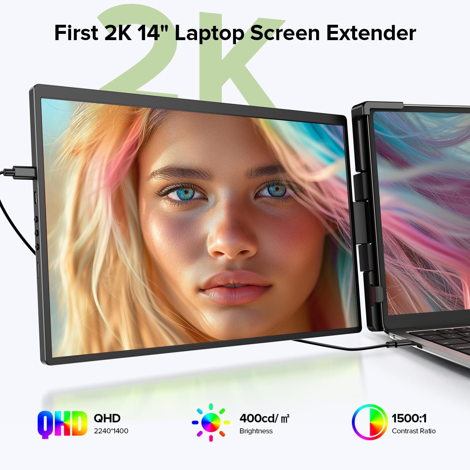 UPERFECT Laptop Screen Extender, 2K 14' 360°Unique Swivel Hinge w/ 180° Automatic Rotation, 2240x1400 QHD IPS Portable Monitor for 14'-17'' Laptops, Plug & Play with Mac, Wins, Dex (Only one Screen)