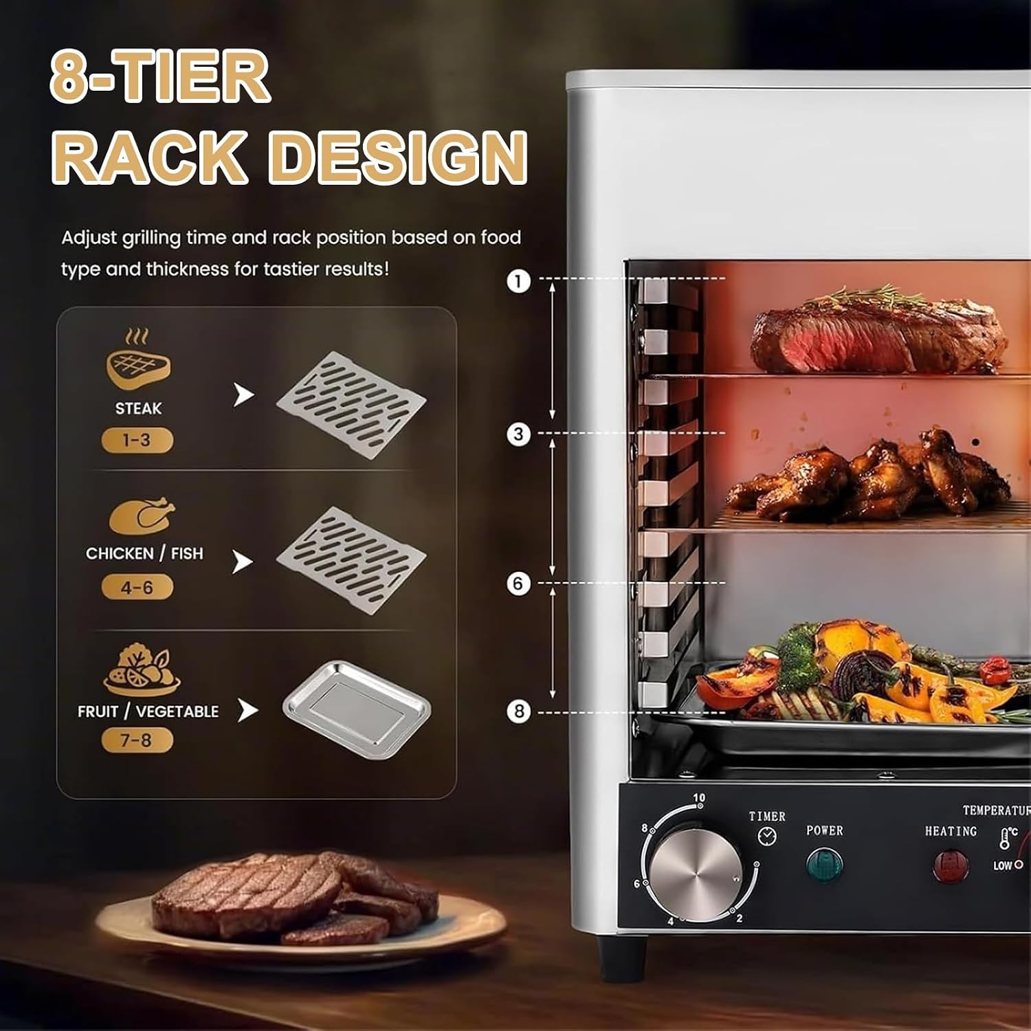 Electric Steak Grill Indoor, 8 Tier Steak Broiler, 1700W Tabletop Steak Grill, 800℃ Adjustable Temperature, for Party, Camping
