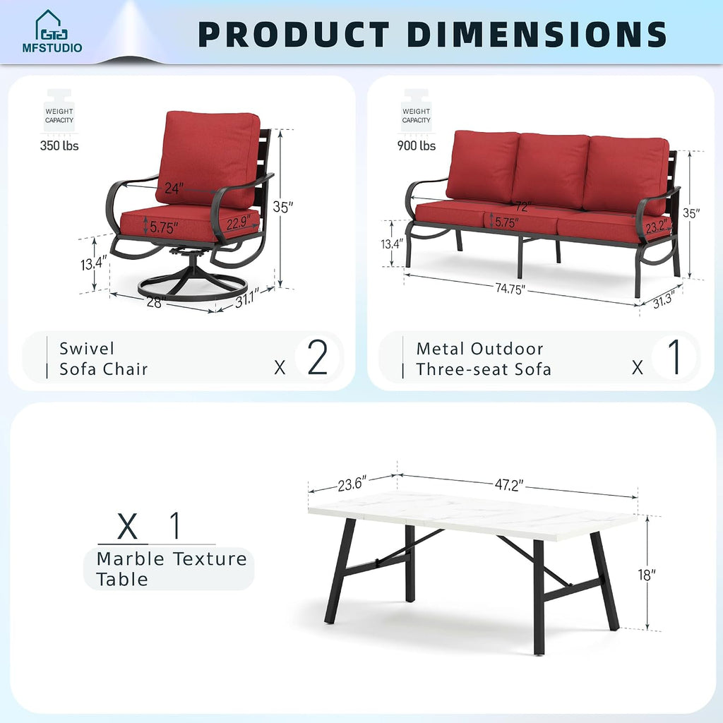 MFSTUDIO 4 Pieces Patio Conversation Sets(5 Seat), Outdoor Metal Furniture Sofa Set with 1 Loveseat(3 Seat), 2 Swivel Chairs, 1 Coffee Table, Steel Frame Patio Set with Burgundy Red Cushion for Patio
