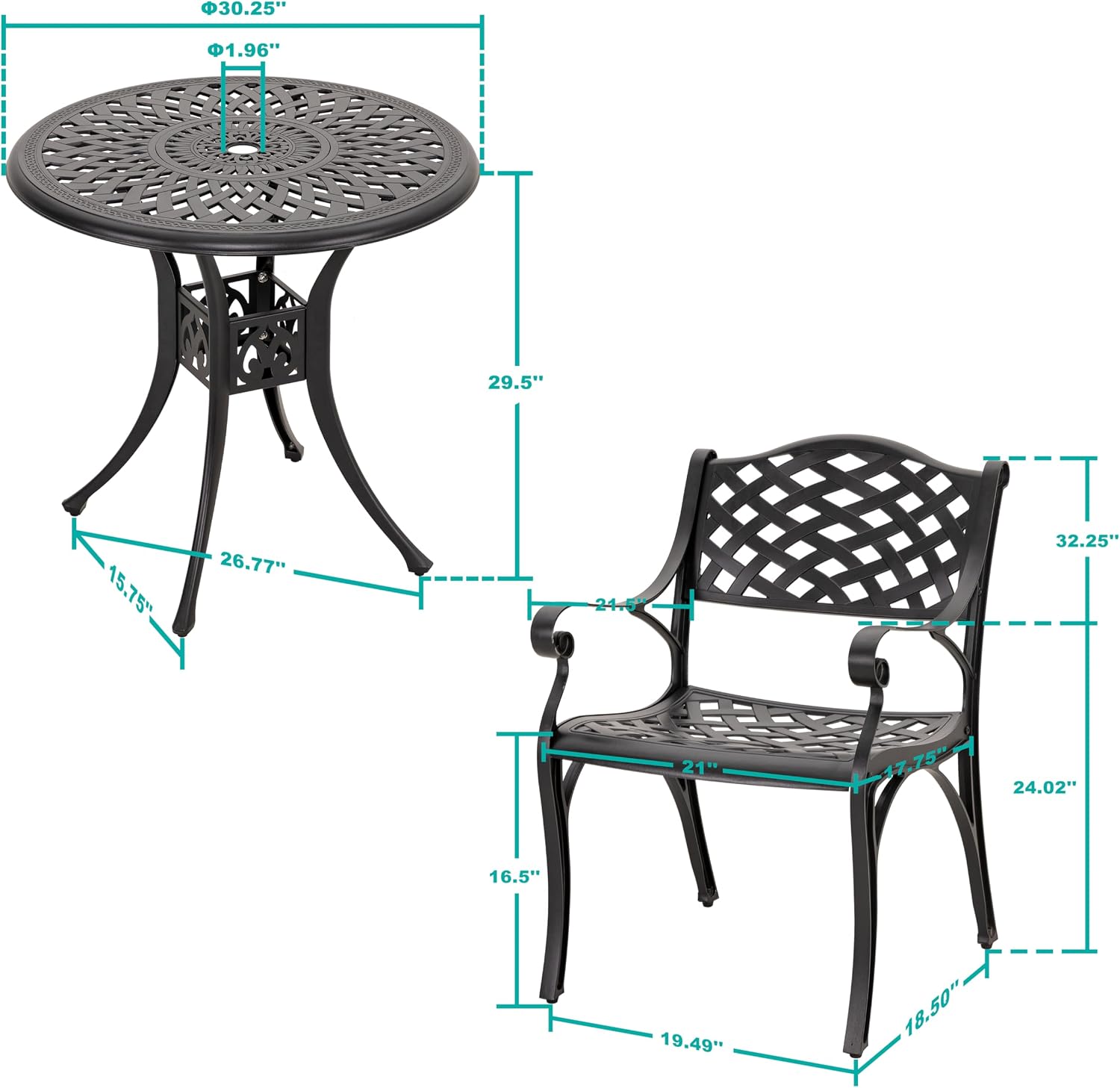 NUU GARDEN 3 Piece Outdoor Cast Aluminum Bistro Table Set Rustproof Table and Chairs with Umbrella Hole for Backyard, Balcony, Front Porch, Black