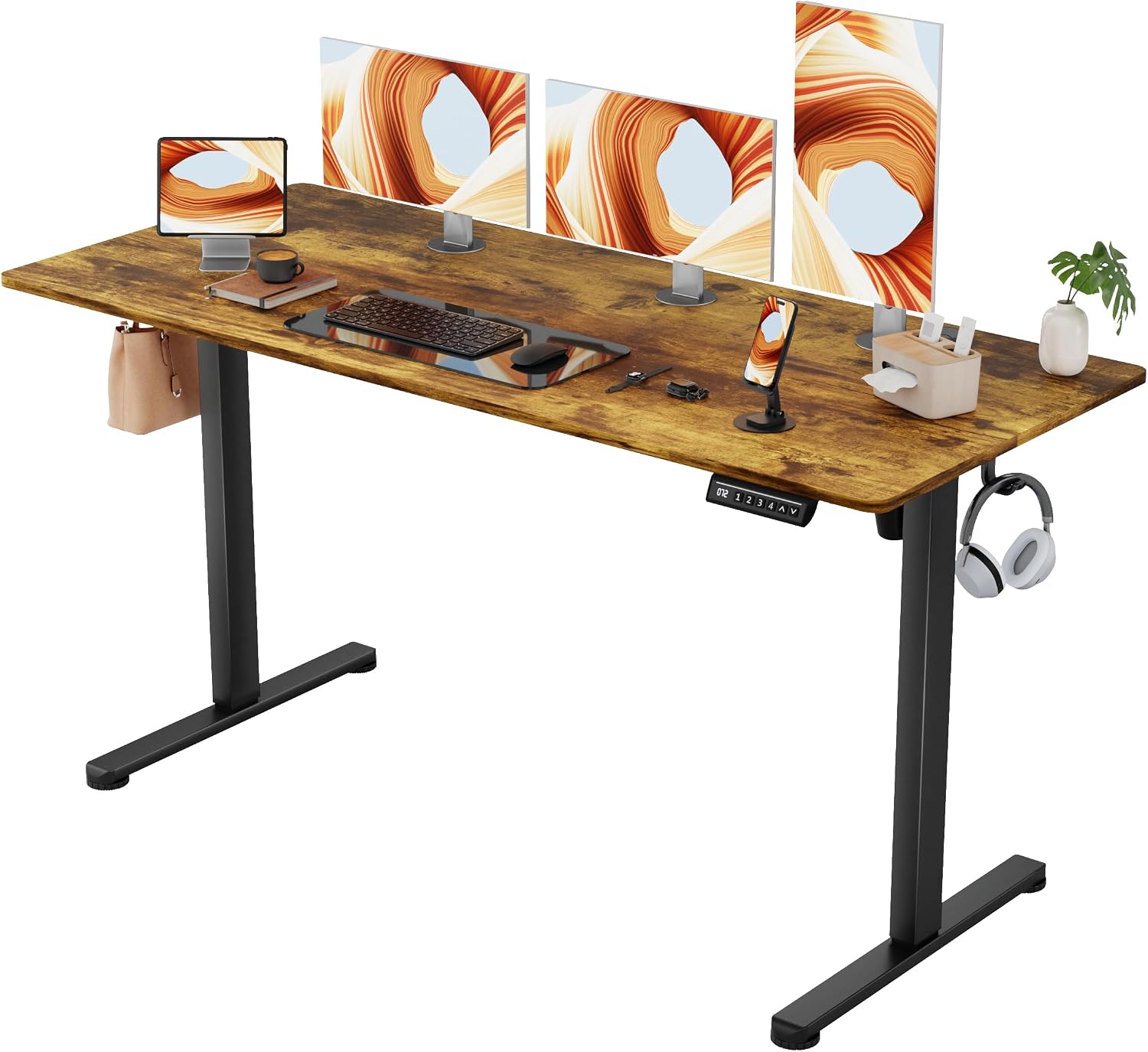 Furmax Electric Standing Desk, 55 x 24 Inches Sit Stand up Desk, Sit Stand Height Adjustable Home Office Desk with 4 Height Position Memory (Rustic Brown, 55)