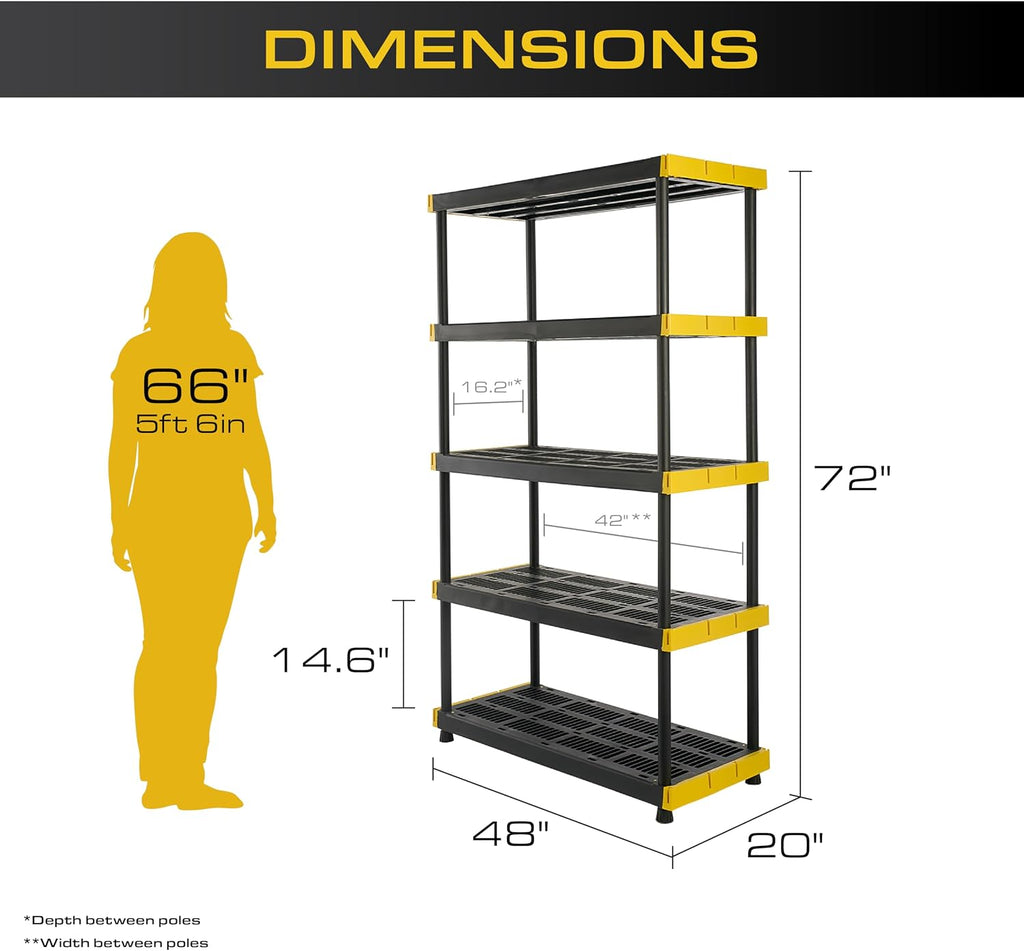 CX Black & Yellow, 5-Tier Heavy Duty Plastic Storage Shelves that Support up to 200lbs/shelf, Organization and Storage, Weather-Resistant Design, Easy Assembly (72'H x 48'W x 20'D)