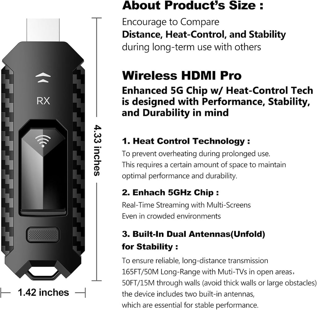 Portable Wireless HDMI PRO- Transmitter and Receiver, Plug and Play Extender Kit, Heat-Control, 165FT/50M 5.8G/2.4G @60Hz, Stream Video/PPT from Laptop to HDTV/Monitor Wirelessly