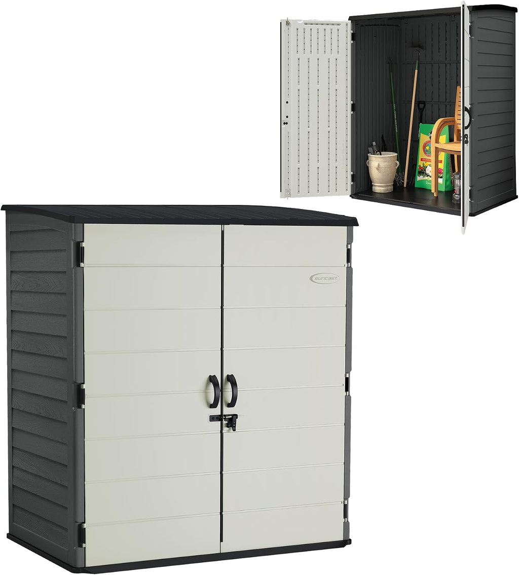 Suncast 106 Cu Ft Extra Large Vertical Outdoor Storage Shed - Resin Shed & Outdoor Storage with Floor and Lockable Double Doors, Weatherproof for Garden Tools, Pool Equipment, & Patio Cushions