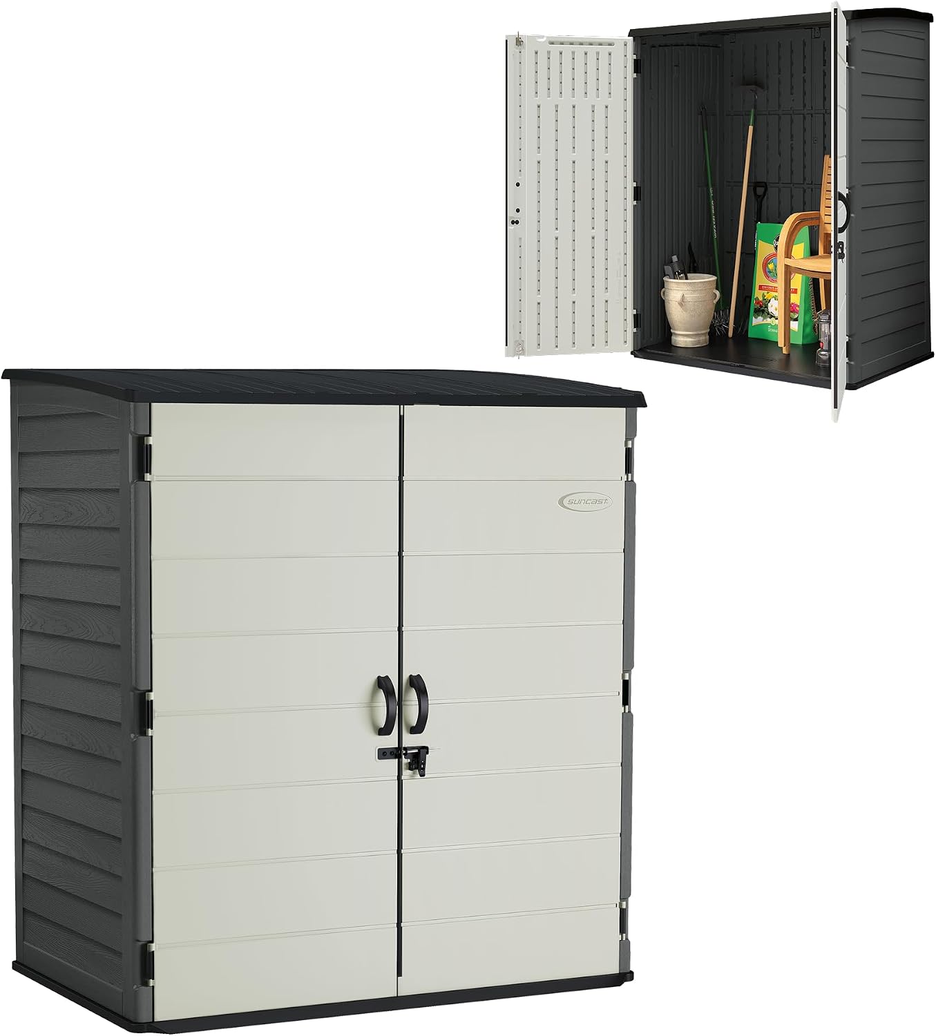 Suncast 106 Cu Ft Extra Large Vertical Outdoor Storage Shed - Resin Shed & Outdoor Storage with Floor and Lockable Double Doors, Weatherproof for Garden Tools, Pool Equipment, & Patio Cushions