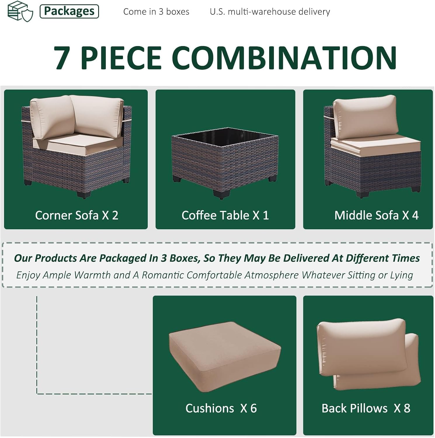 7 Pieces Outdoor Patio Furniture Set,Outdoor Sectional Furniture All Weather PE Rattan Wicker Patio Conversation Set with Coffee Table and 6 Thickened Cushions,Sand