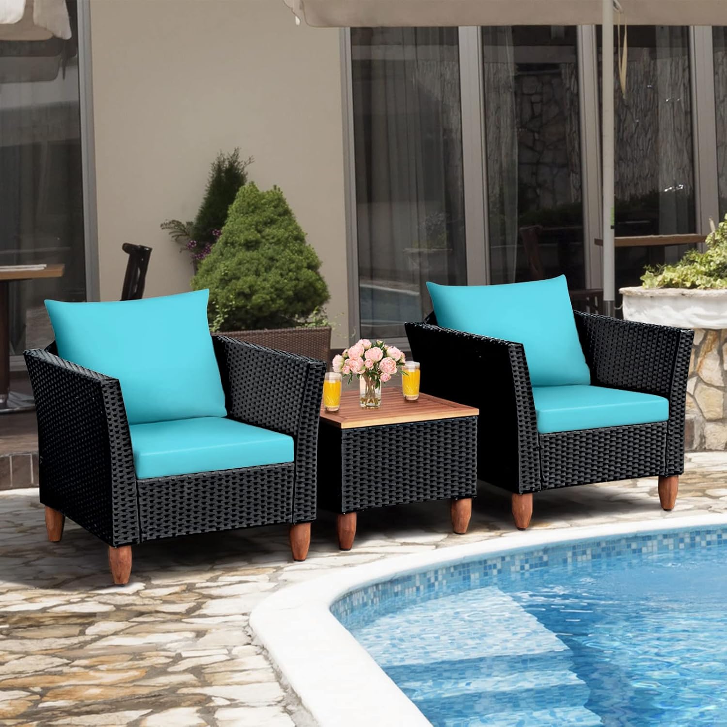 COSTWAY 3 Pieces Patio Rattan Furniture Set, Outdoor Wicker Conversation Chairs Set with Acacia Wood Coffee Table & Washable Cushion, Porch Furniture Bistro Set for Balcony, Garden Backyard, Turquoise