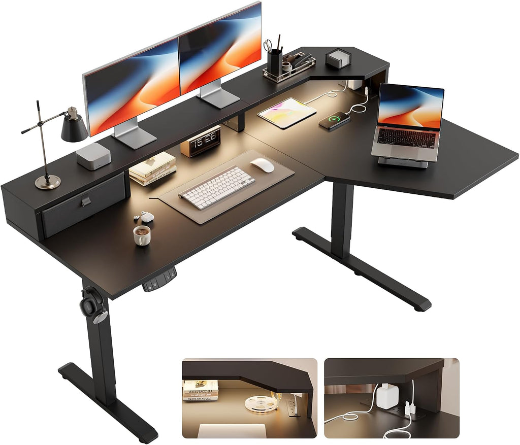 Agilestic 63 Inch L Shaped Electric Standing Desk with Shelf, Height Adjustable Large Desk with Power Outlets & LED, Corner Sit Stand Up Table with Monitor Stand, Computer Workstation, Black