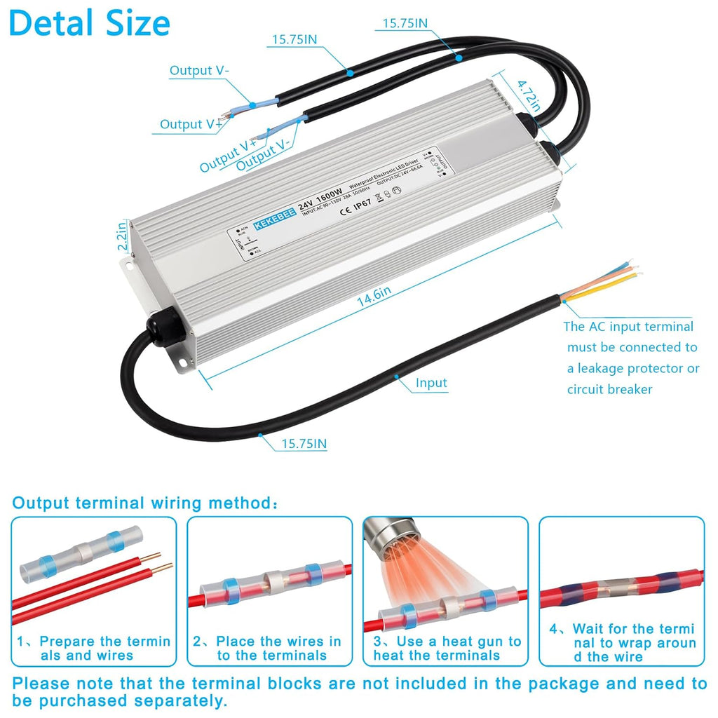 LED Driver 24V1600W Waterproof Power Supply AC 90-130V to DC 24V66.6A Waterproof Switching Power Supply IP67 Transformer Suitable for Indoor and Outdoor LED Lighting and Any 24V DC Equipment