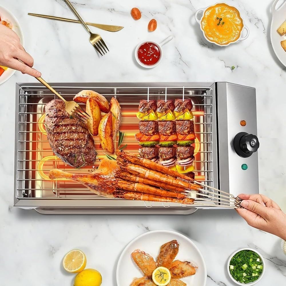 Indoor Grill, 2600W Electric, Smokeless, Even Heating, Portable, Grease Collection Tray,Single Plate, For Family Parties, Outdoor Grilling or Commercial Use