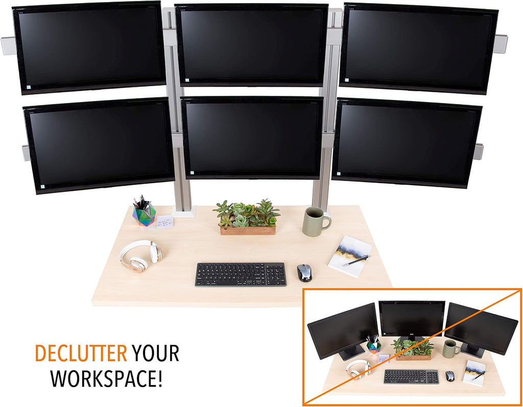 Stand Steady 6 Monitor Mount Desk Setup - Heavy-Duty Height Adjustable Monitor Stand, Swivel Arm with Clamp-On Base, 6 Screen VESA Mount Fits Most LCD/LED Monitors 17-32 in. (Silver, 6 Mounts)