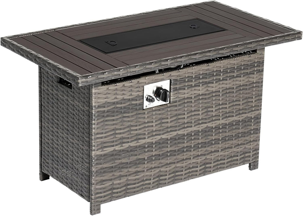 Aoxun 44' Propane Fire Pit 50,000 BTU Outdoor Wicker Fire Table with Wood-grainTabletop Patio Rectangular 2-in-1 Gas Fire Pit Table with Firepit Lid and Waterproof Cover（Gray）