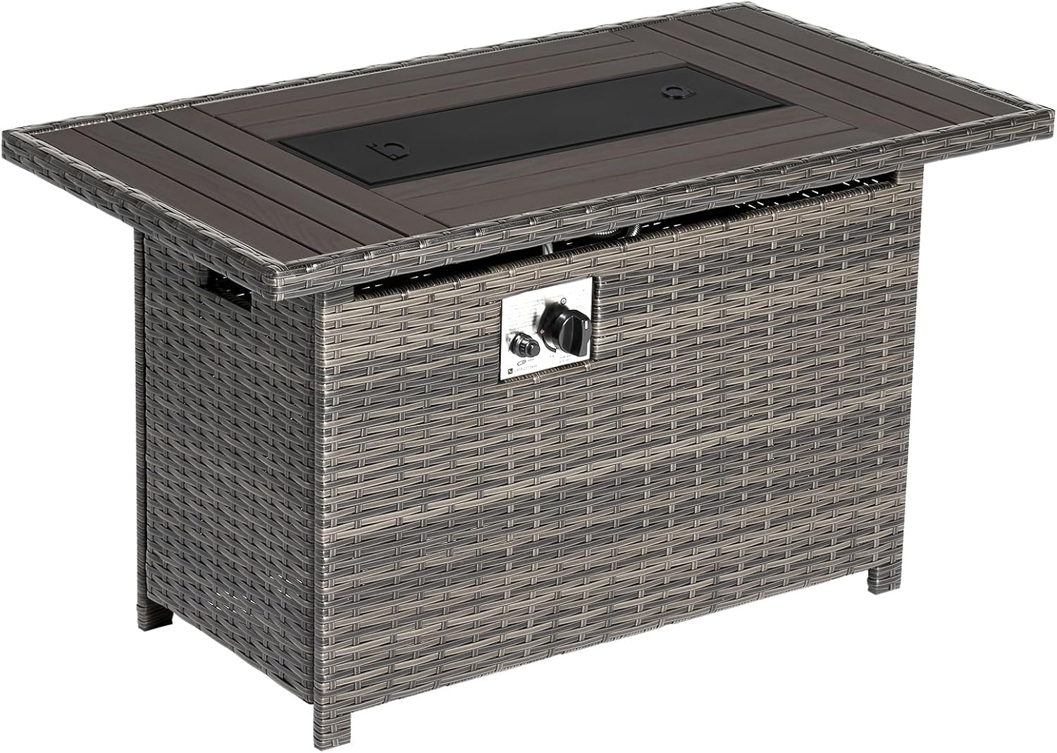 Aoxun 44' Propane Fire Pit 50,000 BTU Outdoor Wicker Fire Table with Wood-grainTabletop Patio Rectangular 2-in-1 Gas Fire Pit Table with Firepit Lid and Waterproof Cover（Gray）