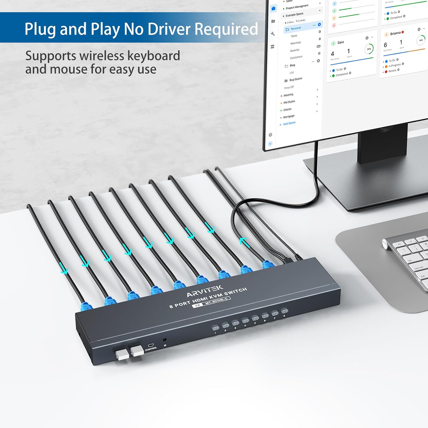 8 Port HDMI KVM Switch,1U Rack Mount KVM, 4K@30Hz, Includes 8 HDMI KVM Cables, Remote, 4 USB 2.0 Port, Wired Desktop Controller