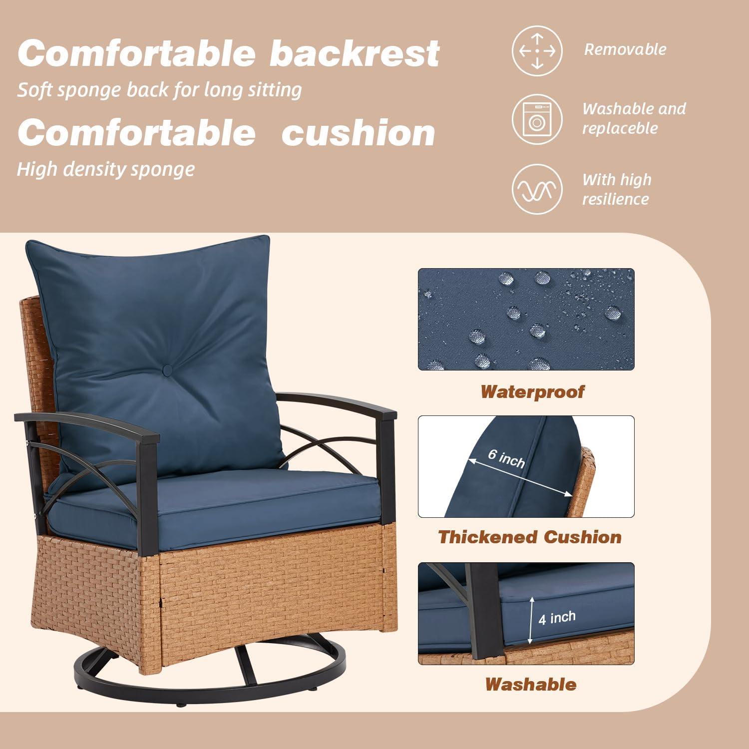 MELLCOM 3 Pieces Patio Furniture Set, Outdoor Swivel Patio Rocker Chairs with Thick Cushions and 2-Tier Coffee Table, Oversize Wicker Bistro Conversation Sets for Garden, Balcony, Backyard, Blue