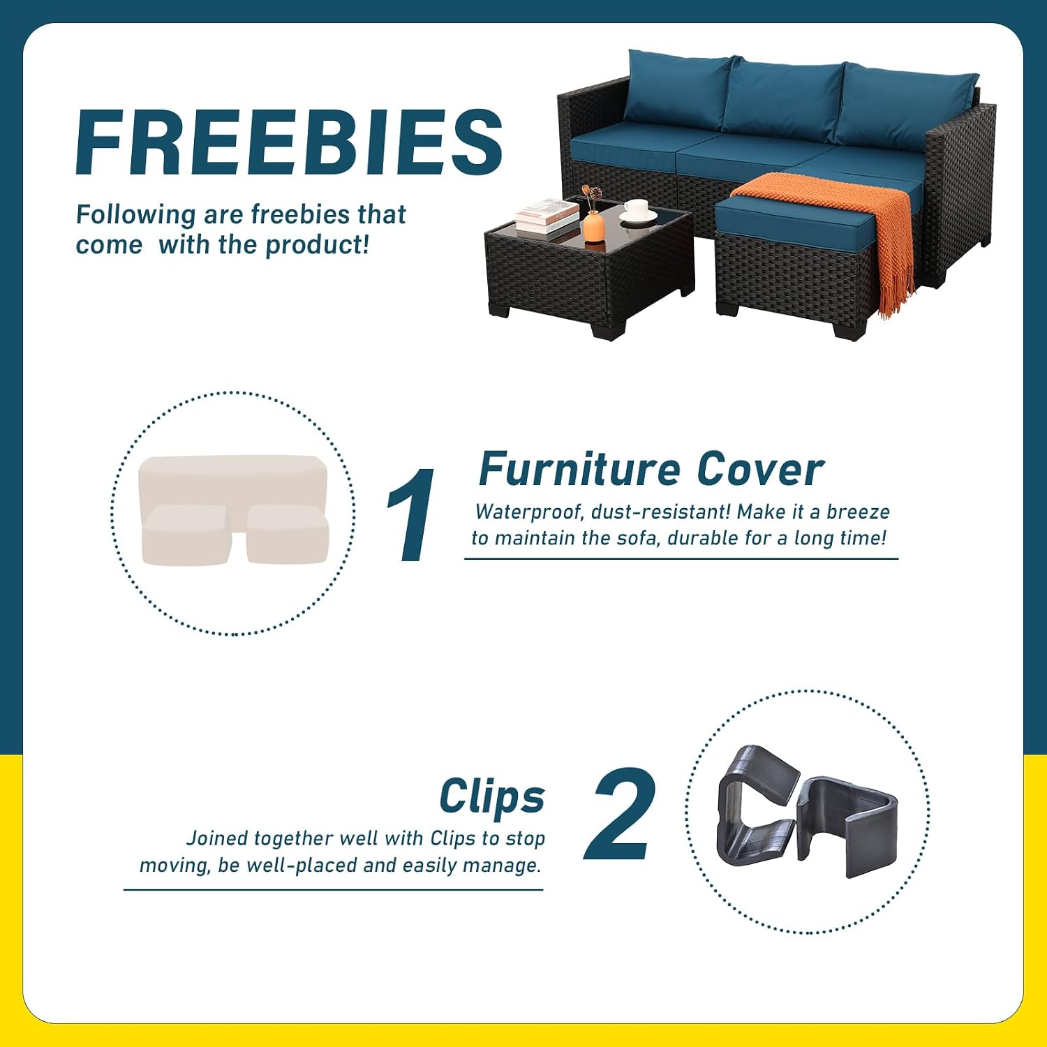 Oasishine 3 Pieces Patio Furniture Set Outdoor Sectional Wicker Patio Furniture Patio Couch with Ottoman and Outdoor Glass Table Weathering Anti-Slip Cushions Waterproof Covers, Peacock Blue
