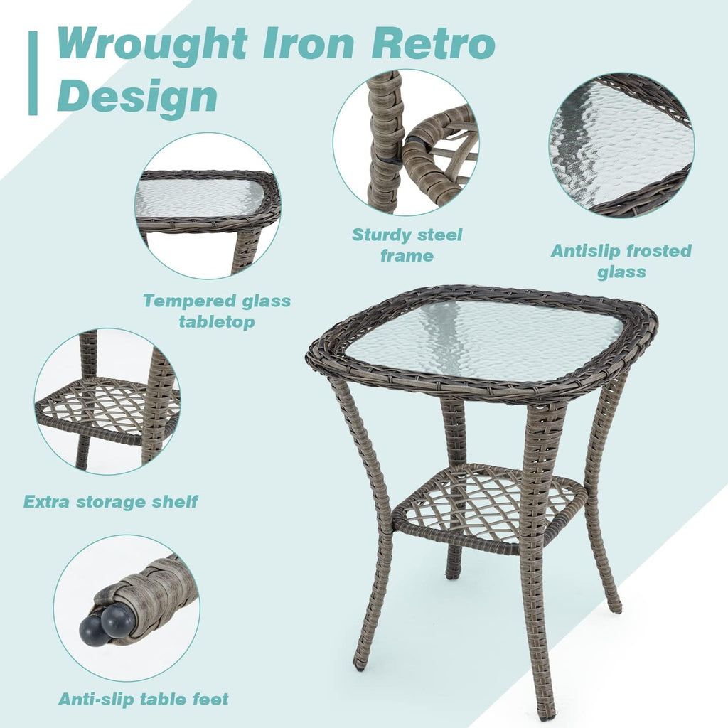 MELLCOM 3 Pieces Patio Furniture Set, Outdoor Swivel Rocker Patio Chairs, Wicker Patio Bistro Set with Rocking Chair, Thickened Cushions and Glass Coffee Table for Backyard, Garden, Peacock Blue