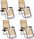 Sweetcrispy Zero Gravity Chairs, Set of 4 Portable Recliner Beach Camping Patio Outdoor Folding Lounge Chair with Cup Holder Trays and Adjustable Pillow for Poolside, Garden, Backyard, Lawn (Khaki)
