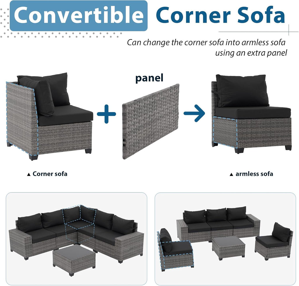 JOIVI 6 Piece Outdoor Patio Furniture Set - Wicker Sofa with Coffee Table, Powder-Coated Frame & Handwoven PE Rattan for All-Weather Durability, Ideal for Parties