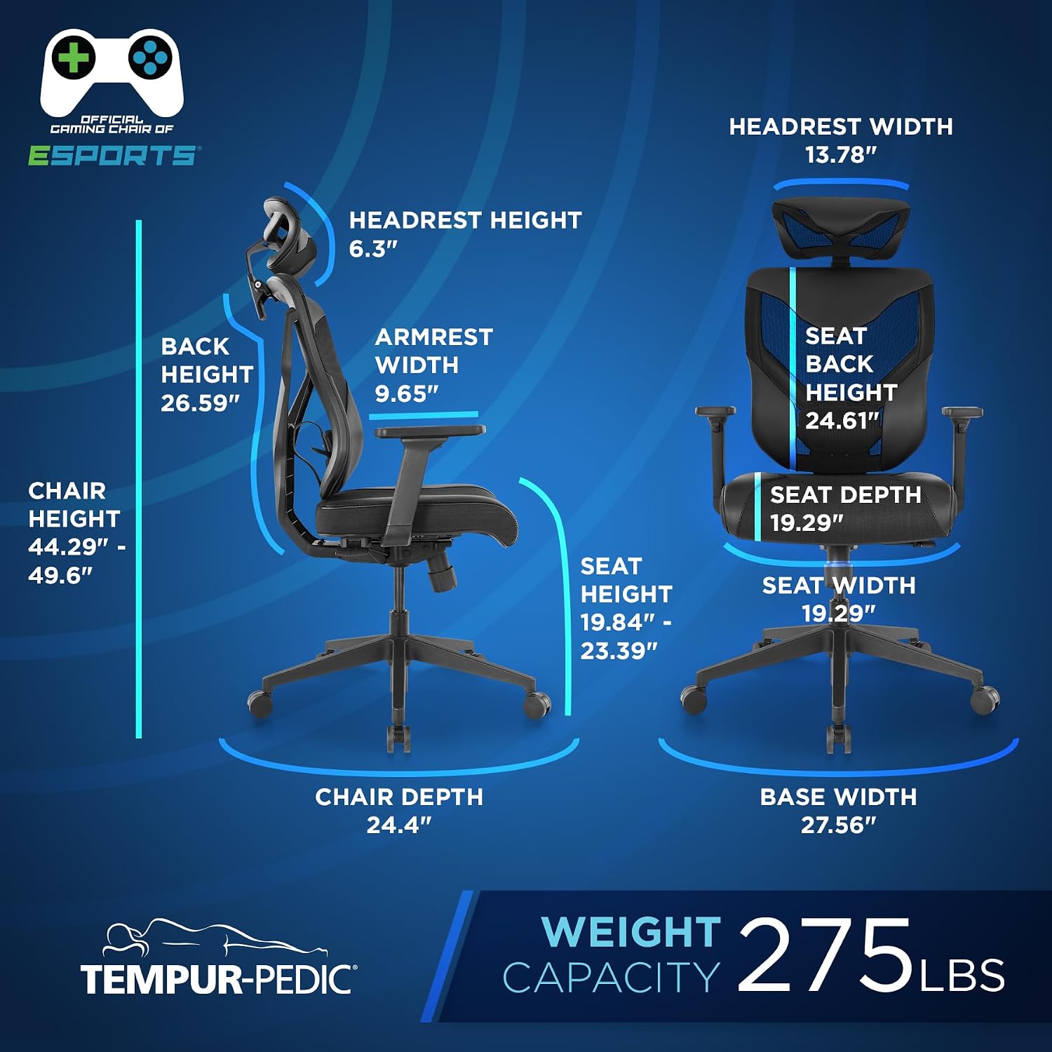 Tempur-Pedic Blaze Auto-Adaptive Ergonomic Gaming Chair with Lumbar Support and 3D Armrest Adjustment, Cooling Racing Style Gaming Chair, Black
