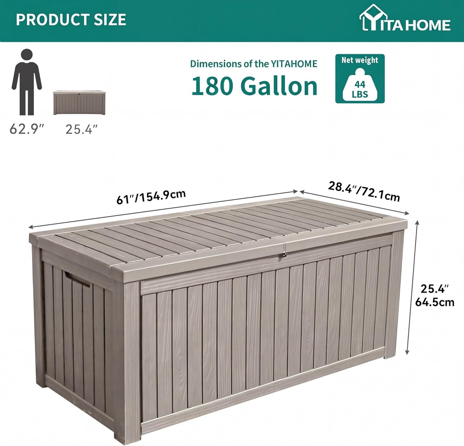 YITAHOME 180 Gallon Large Outdoor Storage XL Deck Box w/Divider for Patio Furniture,Outdoor Cushions, Garden Tools, Sports Equipment and Pool Supplies, Waterproof, Resin, Lockable, Taupe