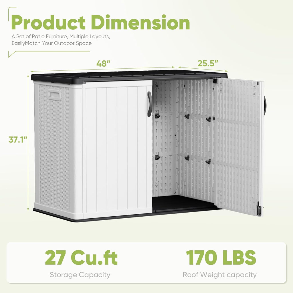 Devoko Outdoor Storage Cabinet 26 Cu Ft with Lockable Doors, Horizontal Storage Shed Waterproof Patio Tools Storage Box for Sofa Cushions, Gardening Tools and Accessories (White)