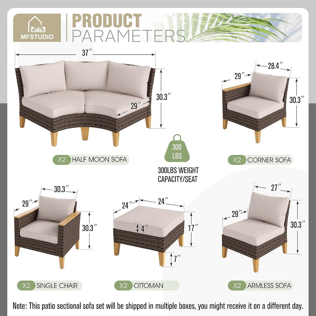 MFSTUDIO 10 Pieces Wicker Patio Furniture Set, All-Weather Extra Large Rattan Half-Moon Curved Sectional Sofas Outdoor Conversation Sets for Garden, Backyard(Beige Cushion)