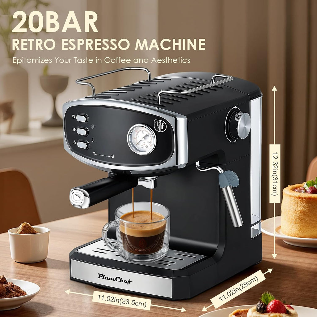 Plum chef 20 Bar Espresso Coffee Maker for Home - Professional Compact Coffee Maker witn Steam Wand Milk Frother, Pressure Gauge, 54oz Tank - Low Noise Fast Brew for Cappuccino, Latte,black