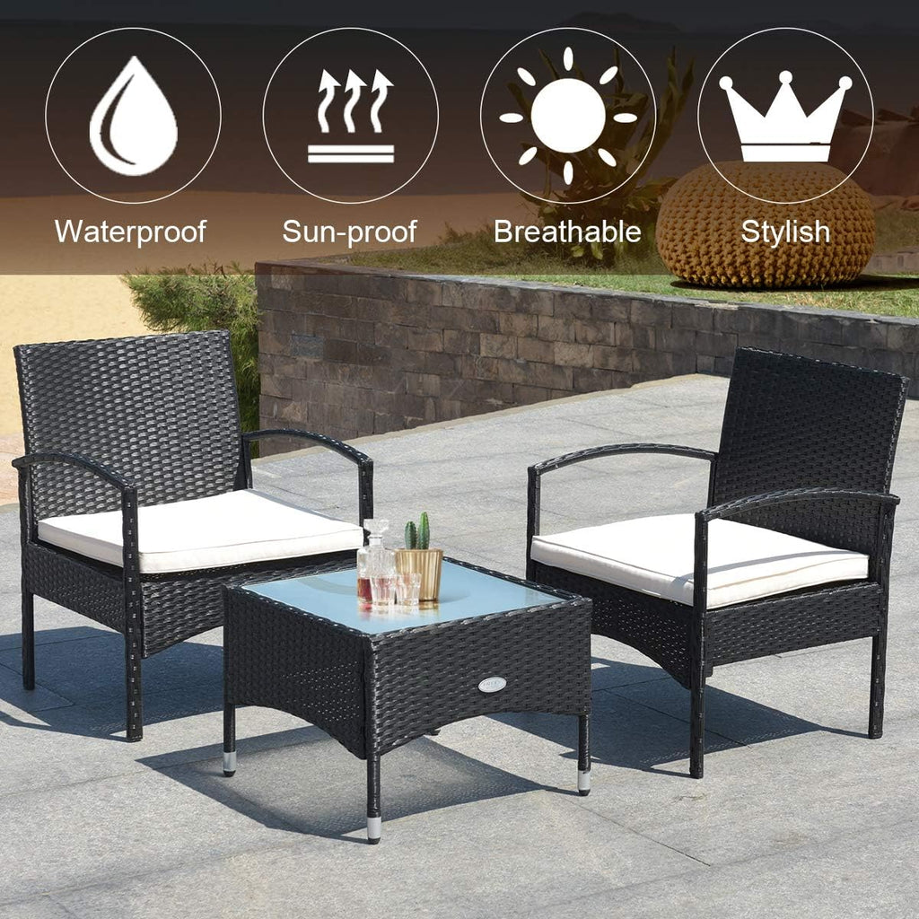 HAPPYGRILL 3PCS Patio Furniture Set Rattan Wicker Bistro Set with Glass Coffee Table & Soft Cushions for Balcony Garden Poolside